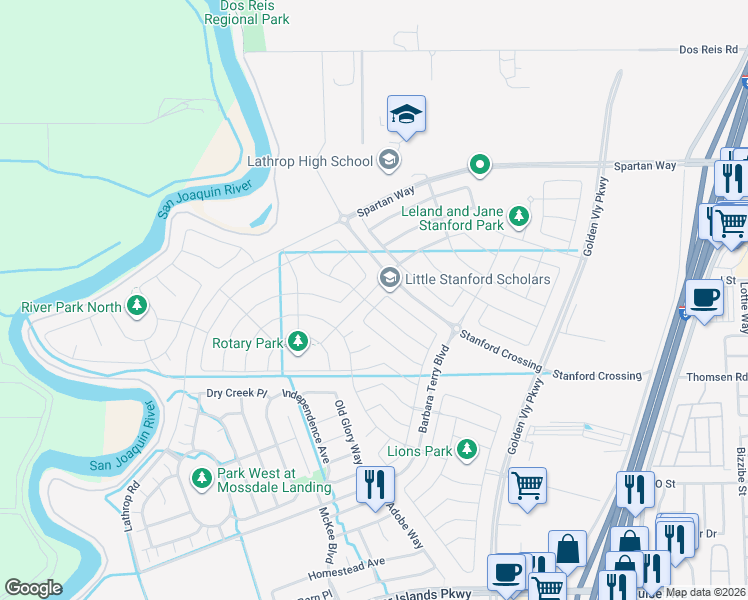 map of restaurants, bars, coffee shops, grocery stores, and more near 15455 Folktale Way in Lathrop