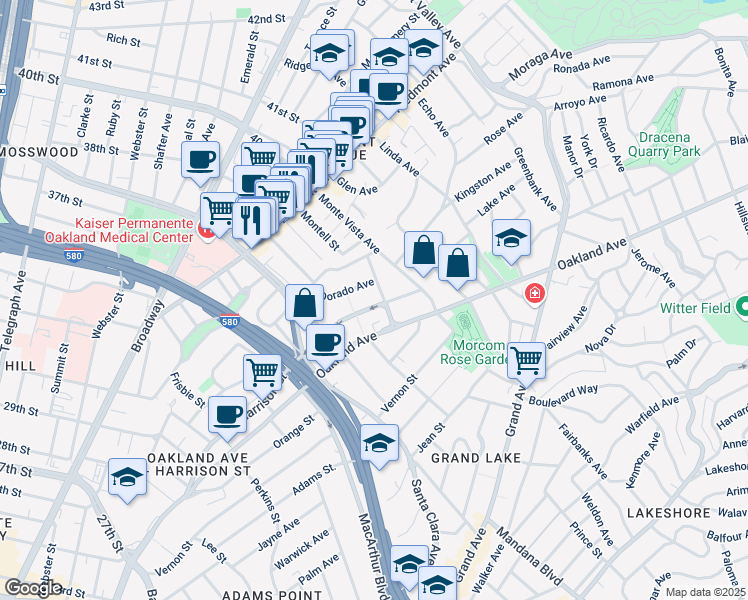 map of restaurants, bars, coffee shops, grocery stores, and more near 3806 Harrison Street in Oakland