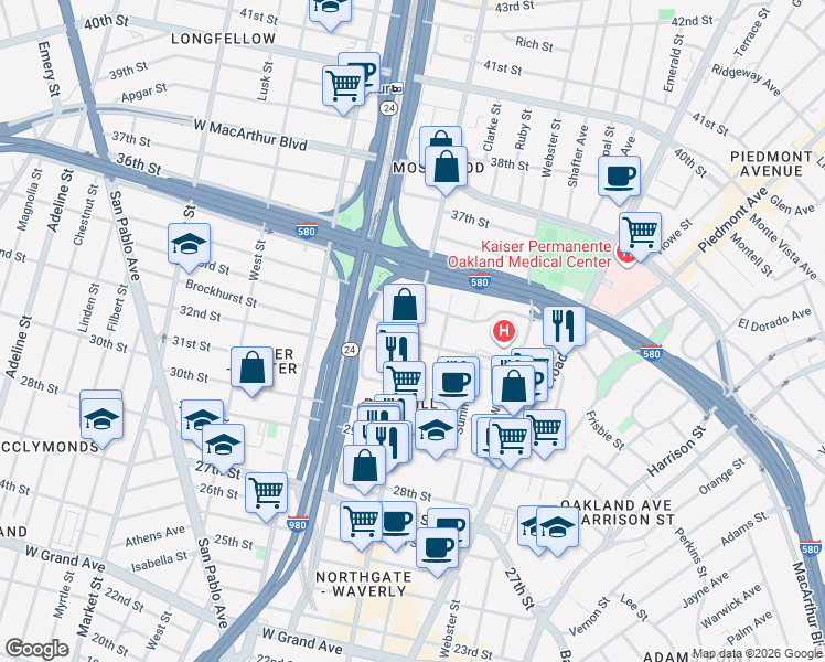 map of restaurants, bars, coffee shops, grocery stores, and more near 3200 Telegraph Avenue in Oakland