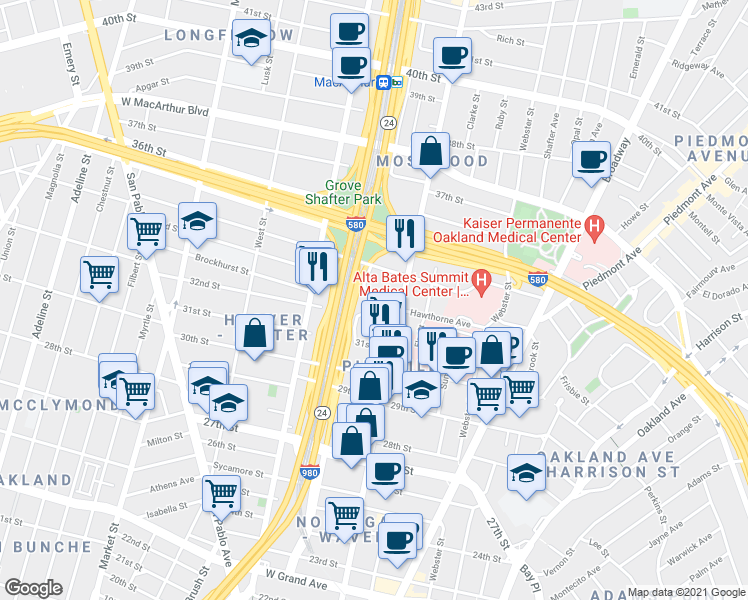 map of restaurants, bars, coffee shops, grocery stores, and more near 537 32nd Street in Oakland