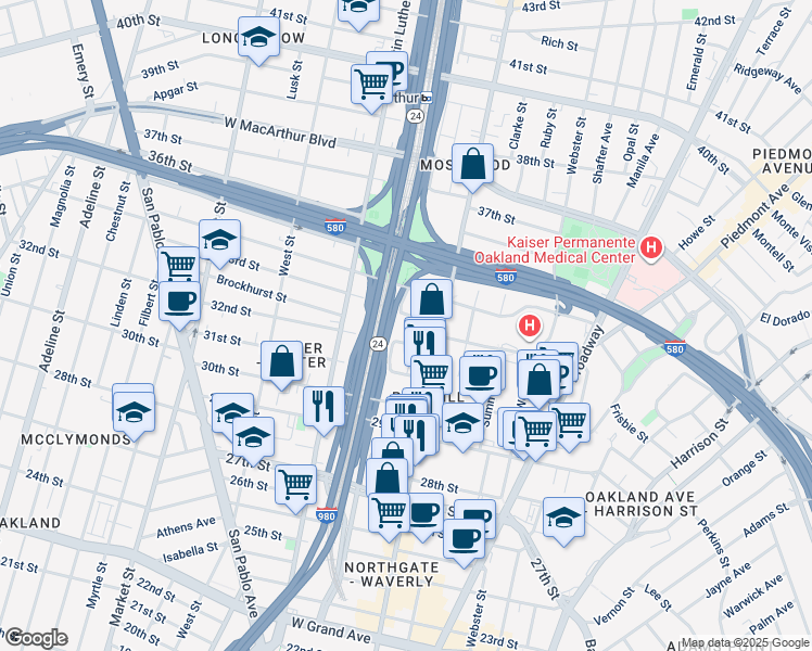 map of restaurants, bars, coffee shops, grocery stores, and more near 537 32nd Street in Oakland