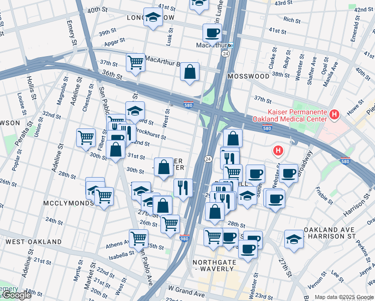 map of restaurants, bars, coffee shops, grocery stores, and more near 3115 Martin Luther King Junior Way in Oakland