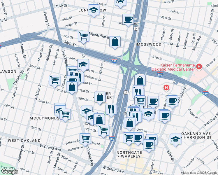 map of restaurants, bars, coffee shops, grocery stores, and more near 3115 Martin Luther King Junior Way in Oakland