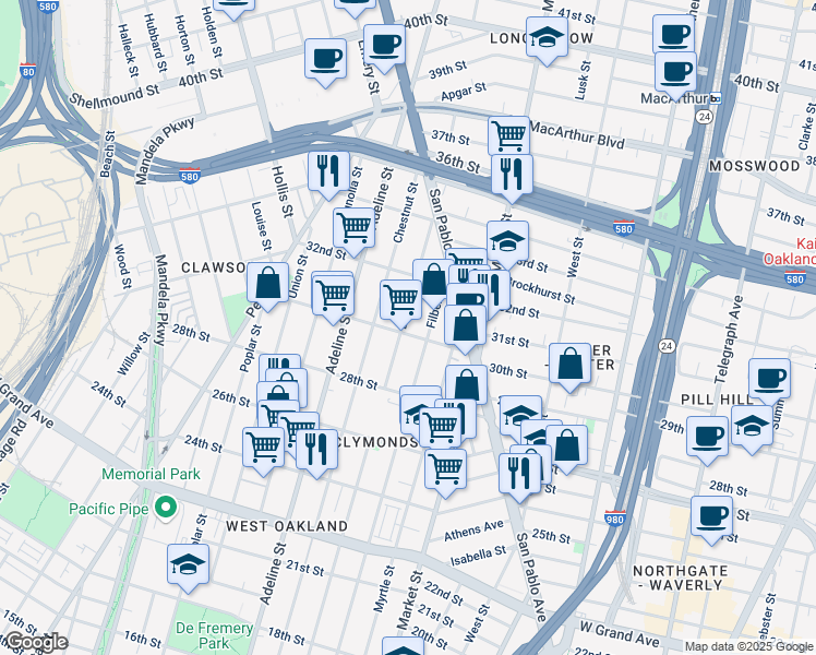 map of restaurants, bars, coffee shops, grocery stores, and more near 2933 Filbert Street in Oakland