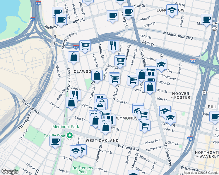 map of restaurants, bars, coffee shops, grocery stores, and more near 2824 Magnolia Street in Oakland
