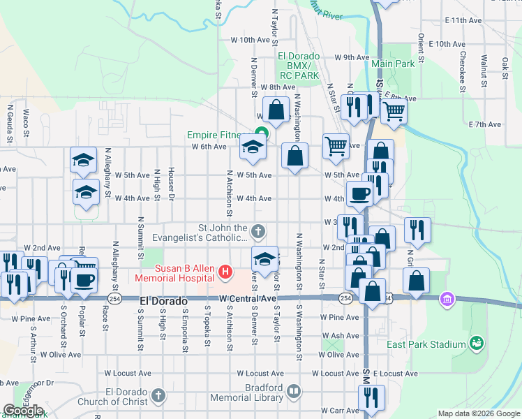 map of restaurants, bars, coffee shops, grocery stores, and more near 521-599 West 3rd Avenue in El Dorado