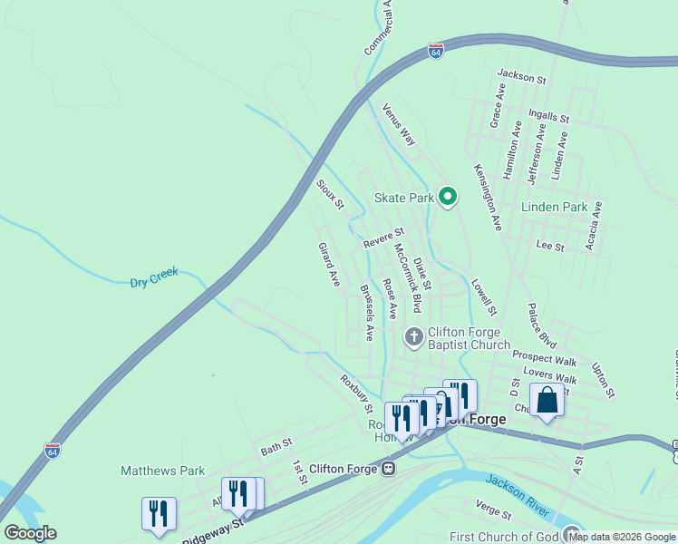 map of restaurants, bars, coffee shops, grocery stores, and more near 631-637 Thornton Ave in Clifton Forge