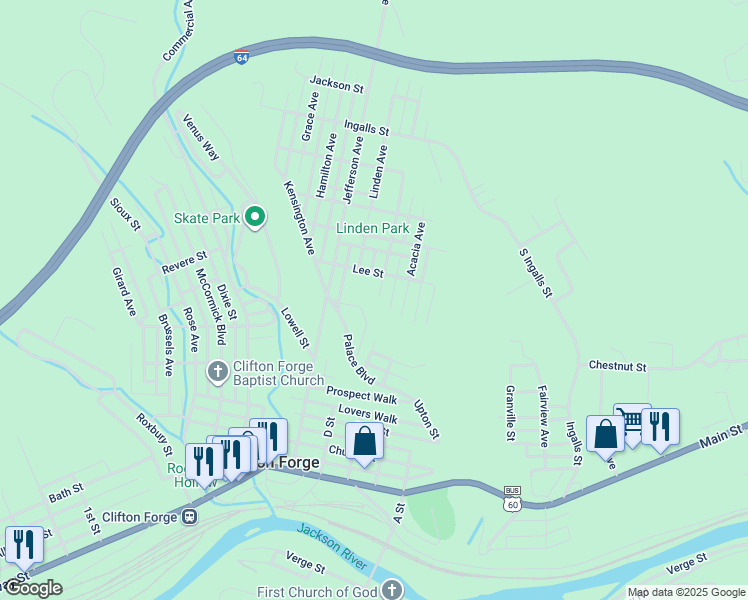 map of restaurants, bars, coffee shops, grocery stores, and more near 825 Madison Avenue in Clifton Forge