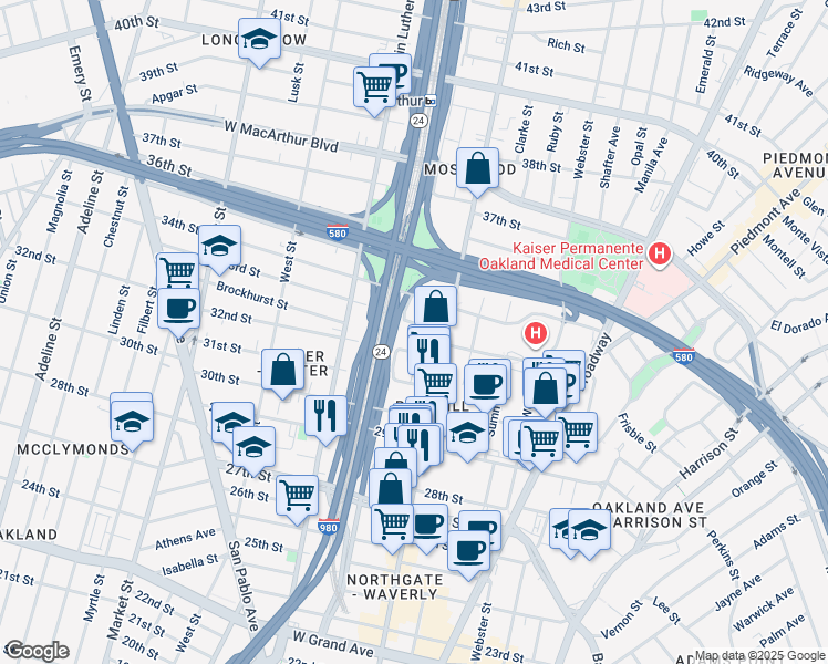 map of restaurants, bars, coffee shops, grocery stores, and more near 539 33rd Street in Oakland