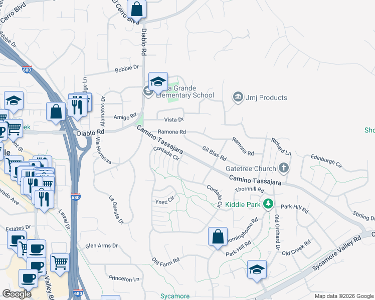 map of restaurants, bars, coffee shops, grocery stores, and more near 1211 Camino Tassajara in Danville