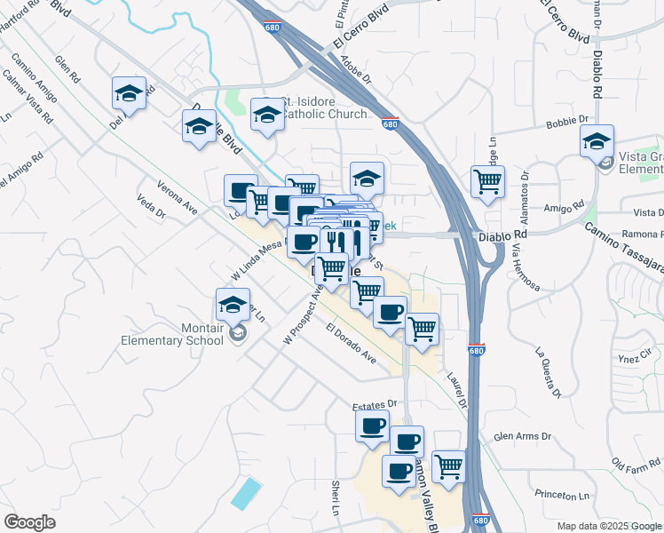 map of restaurants, bars, coffee shops, grocery stores, and more near 154 East Prospect Avenue in Danville