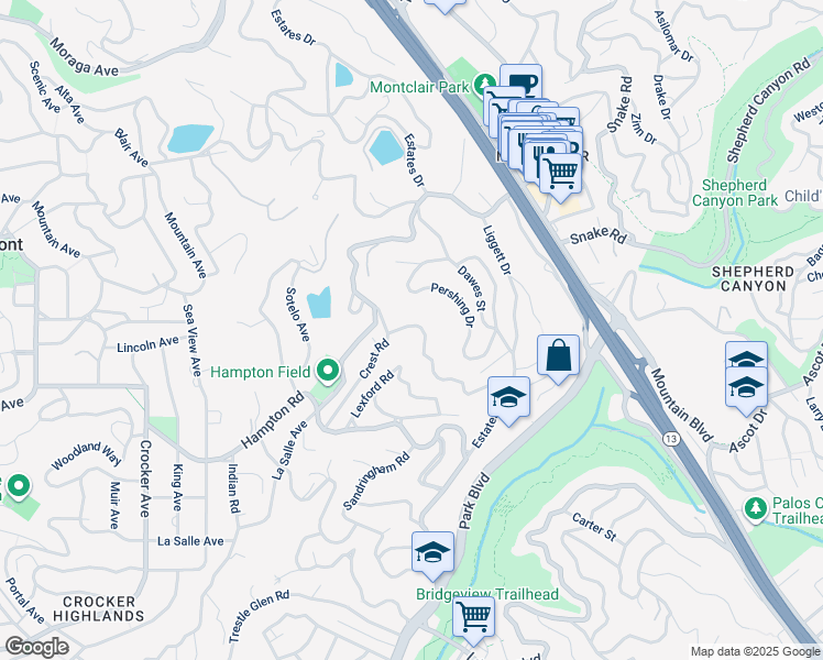 map of restaurants, bars, coffee shops, grocery stores, and more near 24 Somerset Road in Oakland