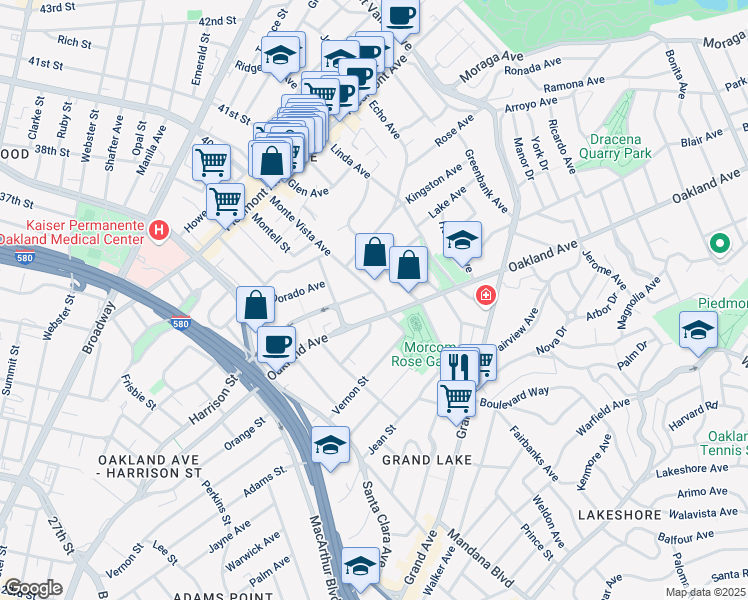 map of restaurants, bars, coffee shops, grocery stores, and more near 401 Monte Vista Avenue in Oakland