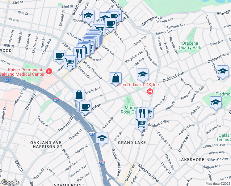 map of restaurants, bars, coffee shops, grocery stores, and more near 401 Monte Vista Avenue in Oakland