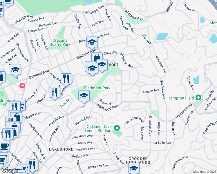 map of restaurants, bars, coffee shops, grocery stores, and more near 152 Hazel Lane in Piedmont