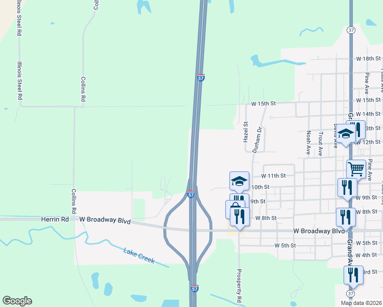 map of restaurants, bars, coffee shops, grocery stores, and more near Interstate 57 in Johnston City