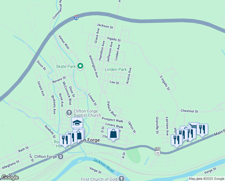 map of restaurants, bars, coffee shops, grocery stores, and more near 825 Madison Avenue in Clifton Forge