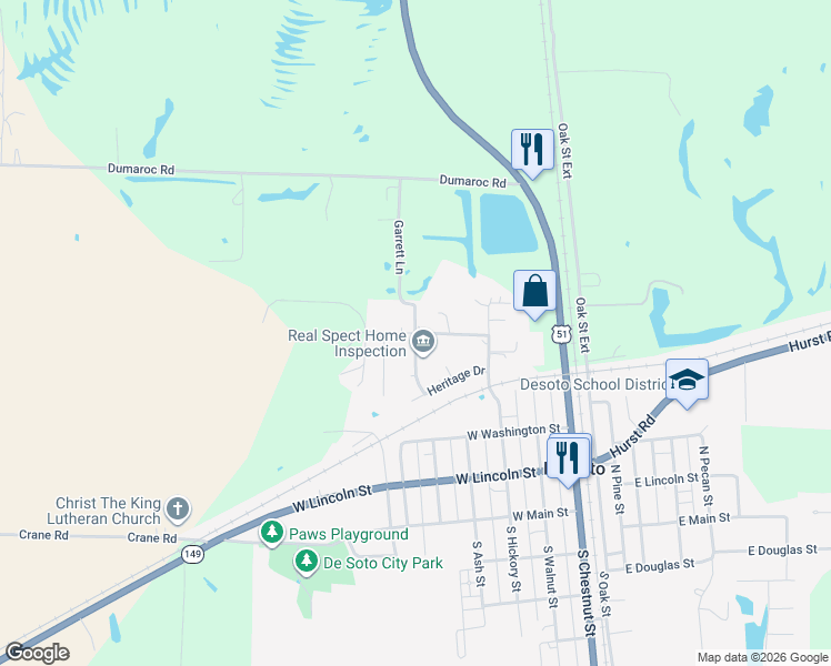 map of restaurants, bars, coffee shops, grocery stores, and more near 601 North Lexington Street in De Soto