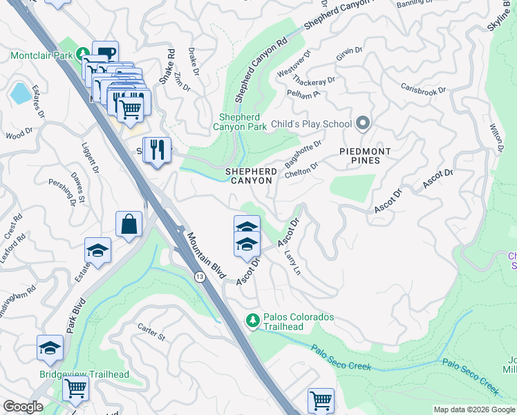 map of restaurants, bars, coffee shops, grocery stores, and more near 5741 Scarborough Drive in Oakland
