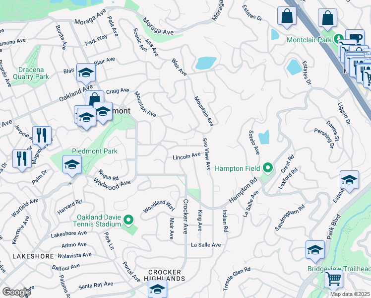 map of restaurants, bars, coffee shops, grocery stores, and more near 47 Lakeview Avenue in Piedmont