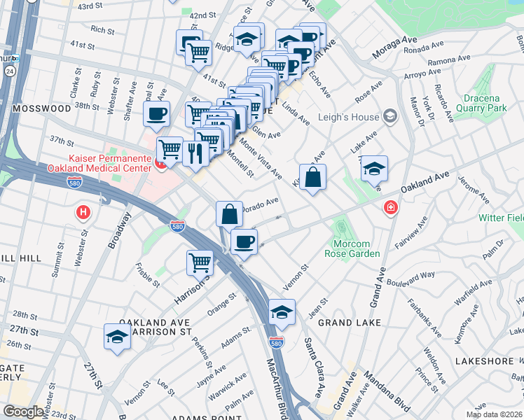 map of restaurants, bars, coffee shops, grocery stores, and more near in Oakland