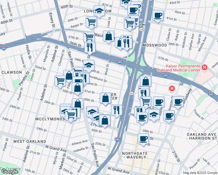map of restaurants, bars, coffee shops, grocery stores, and more near 726 Brockhurst Street in Oakland