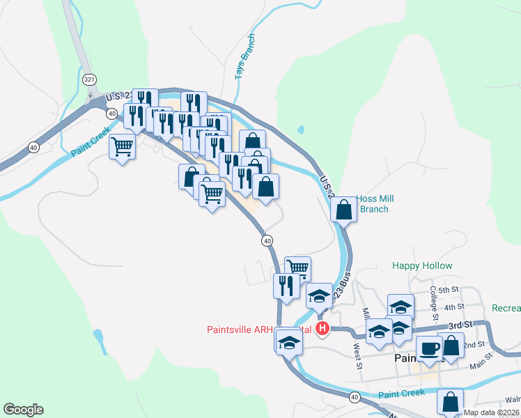 map of restaurants, bars, coffee shops, grocery stores, and more near 317 North mayo Trail in Paintsville