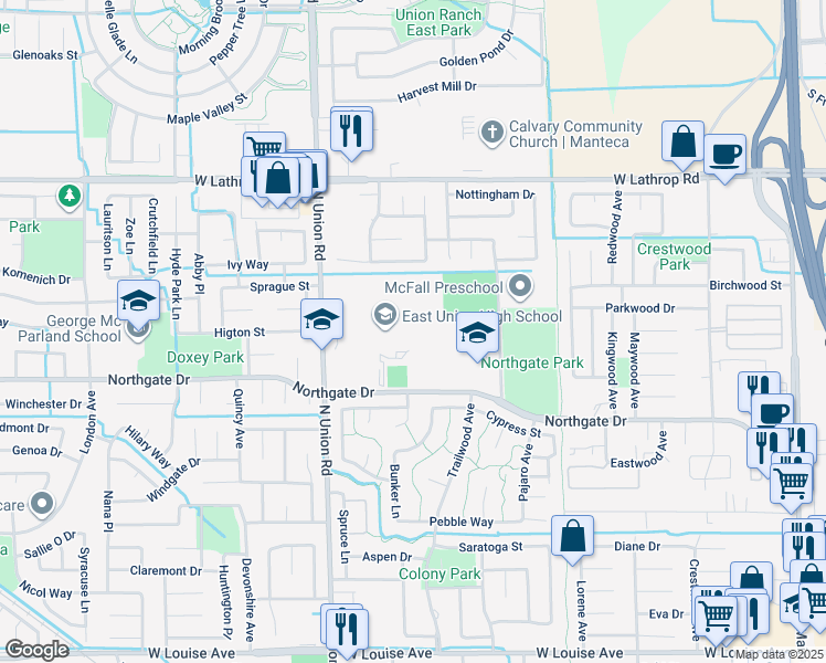 map of restaurants, bars, coffee shops, grocery stores, and more near 1700 North Union Road in Manteca