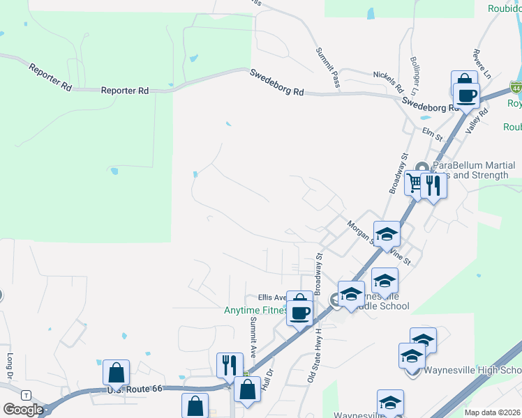 map of restaurants, bars, coffee shops, grocery stores, and more near 116 Hickory Ridge in Waynesville