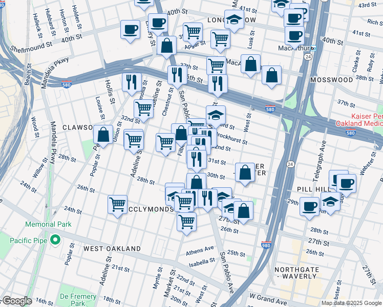 map of restaurants, bars, coffee shops, grocery stores, and more near 3142 San Pablo Avenue in Oakland