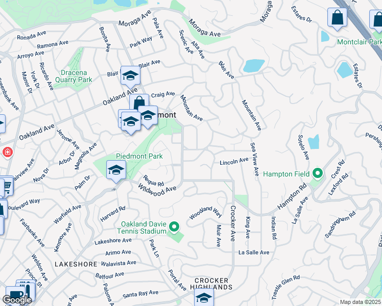 map of restaurants, bars, coffee shops, grocery stores, and more near 105 Sheridan Avenue in Piedmont