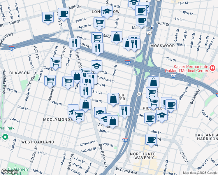 map of restaurants, bars, coffee shops, grocery stores, and more near 3139 West Street in Oakland