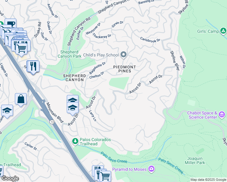map of restaurants, bars, coffee shops, grocery stores, and more near Ascot Drive & Ascot Court in Oakland