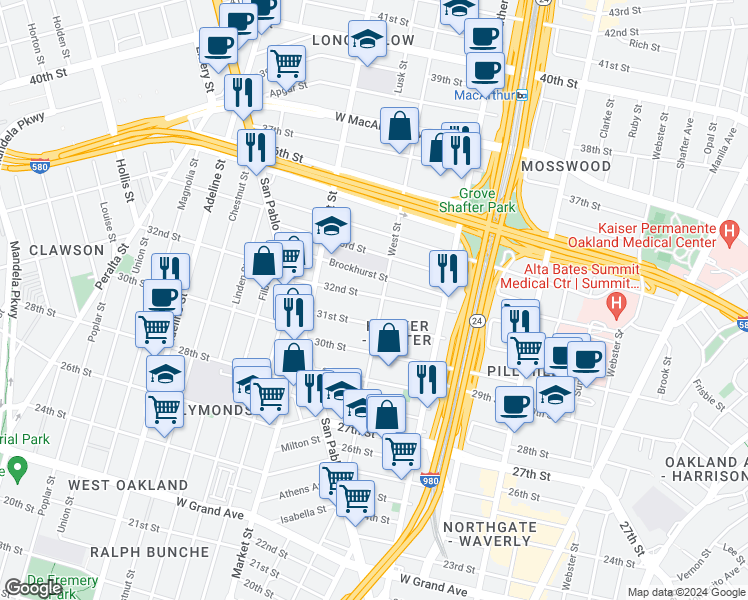 map of restaurants, bars, coffee shops, grocery stores, and more near 3139 West Street in Oakland