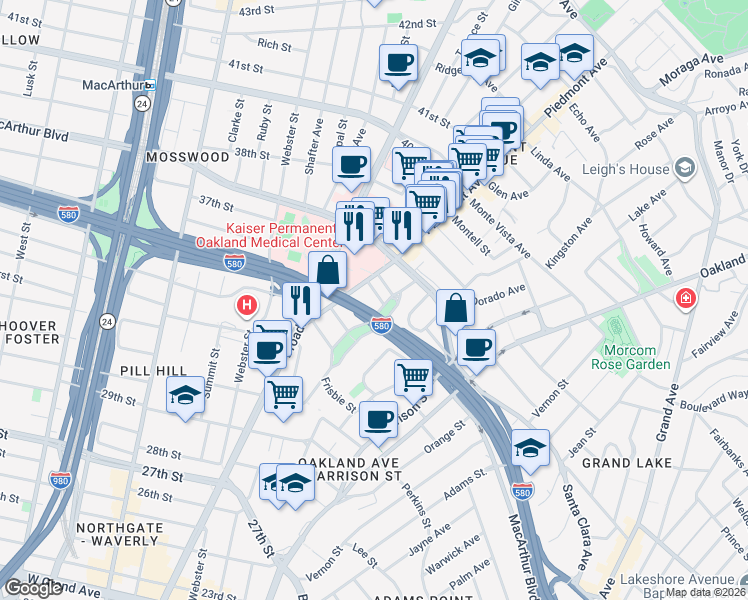 map of restaurants, bars, coffee shops, grocery stores, and more near 21 Westall Avenue in Oakland