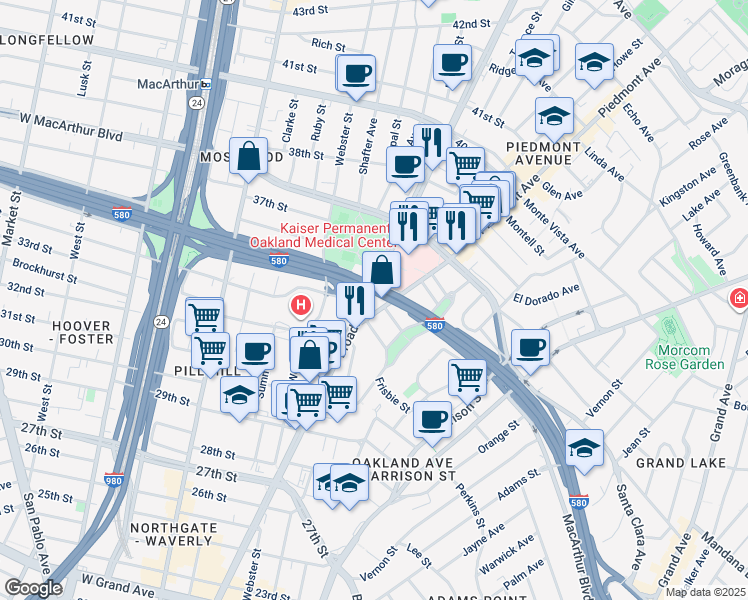 map of restaurants, bars, coffee shops, grocery stores, and more near 3505 Broadway in Oakland