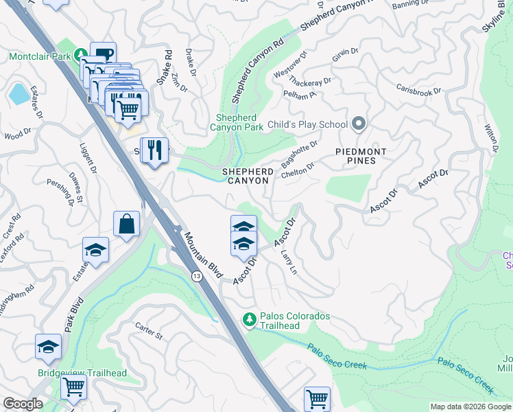 map of restaurants, bars, coffee shops, grocery stores, and more near 5741 Scarborough Drive in Oakland