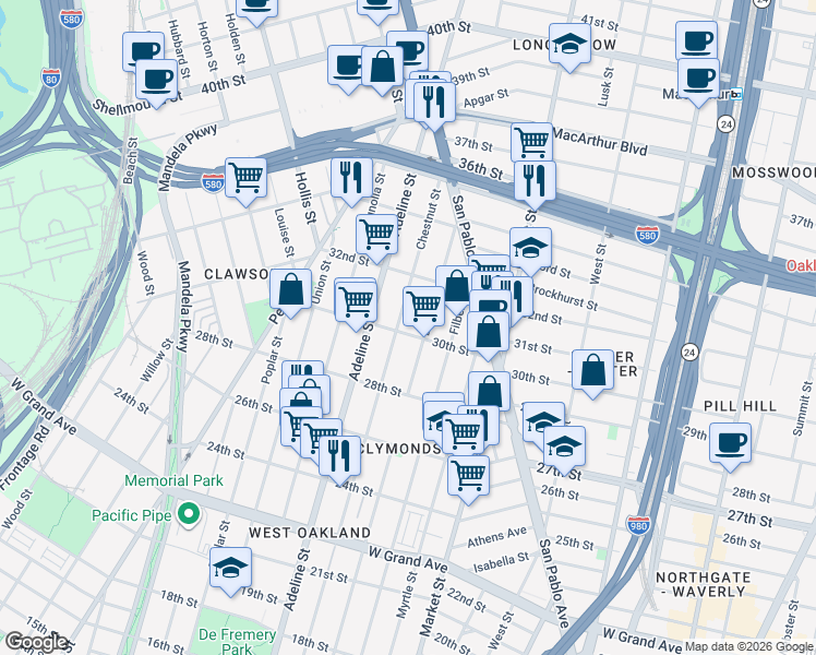 map of restaurants, bars, coffee shops, grocery stores, and more near 1076 30th Street in Oakland