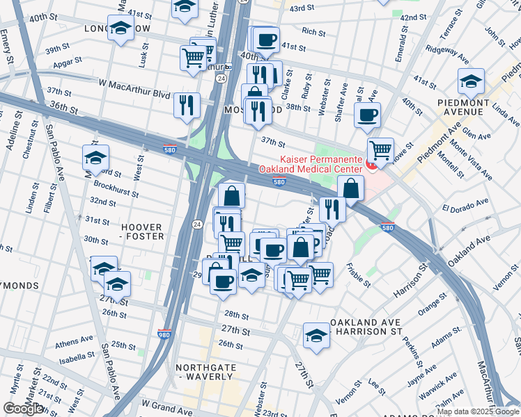 map of restaurants, bars, coffee shops, grocery stores, and more near 476 34th Street in Oakland