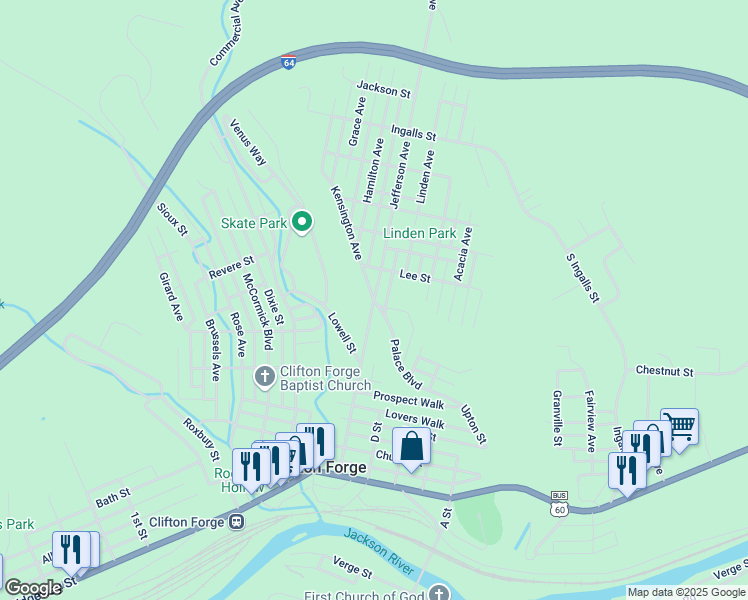 map of restaurants, bars, coffee shops, grocery stores, and more near 801 Kensington Avenue in Clifton Forge