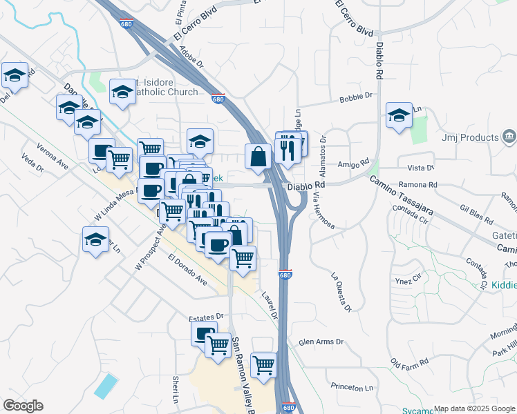 map of restaurants, bars, coffee shops, grocery stores, and more near 387 Diablo Road in Danville