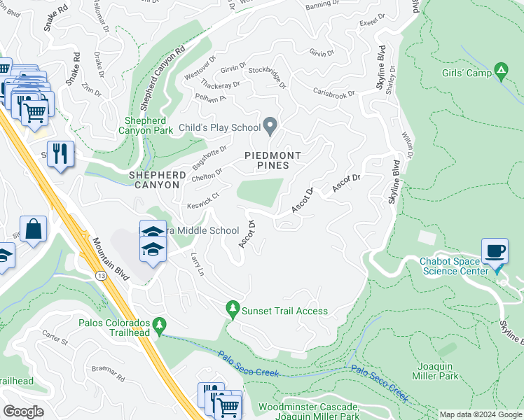 map of restaurants, bars, coffee shops, grocery stores, and more near 6227 Ascot Drive in Oakland