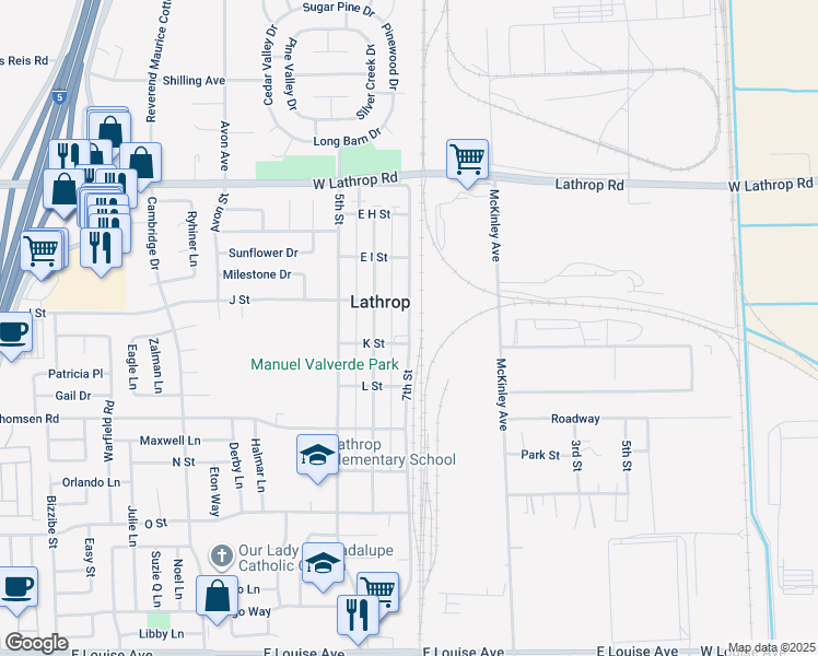 map of restaurants, bars, coffee shops, grocery stores, and more near 15400-15498 7th Street in Lathrop
