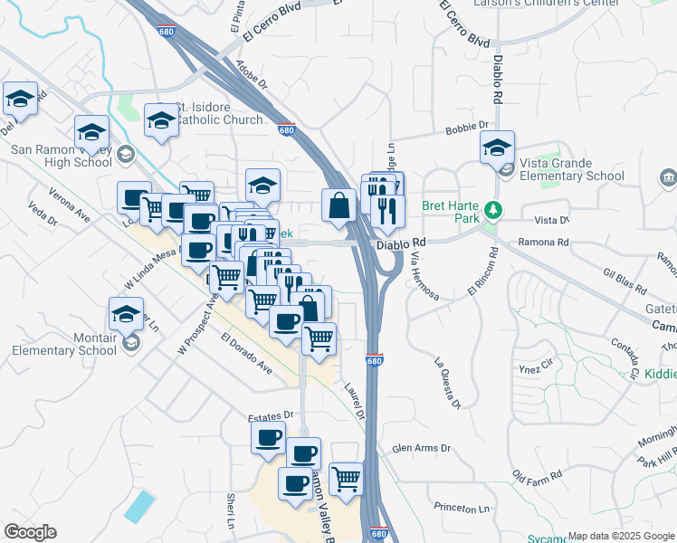 map of restaurants, bars, coffee shops, grocery stores, and more near 387 Diablo Road in Danville