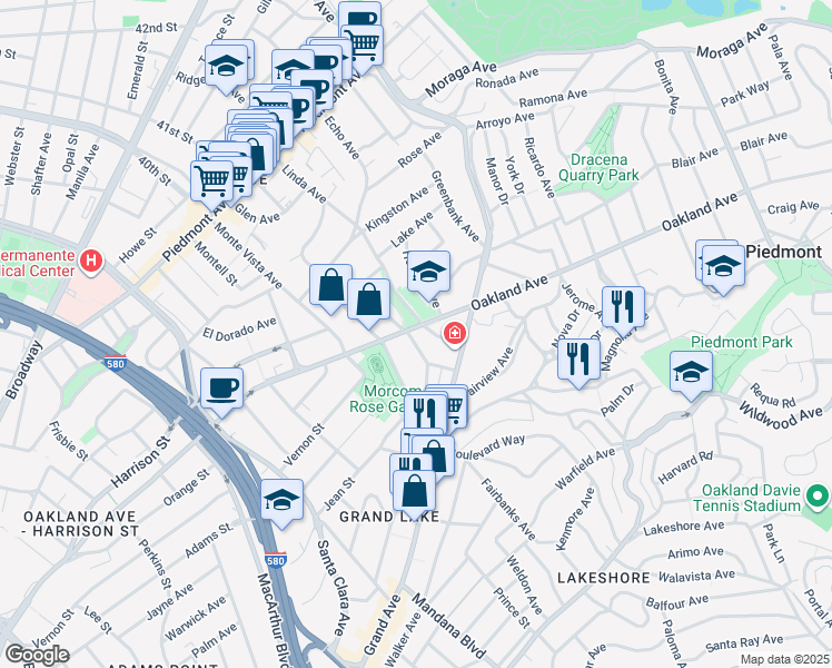 map of restaurants, bars, coffee shops, grocery stores, and more near 333 Linda Avenue in Piedmont