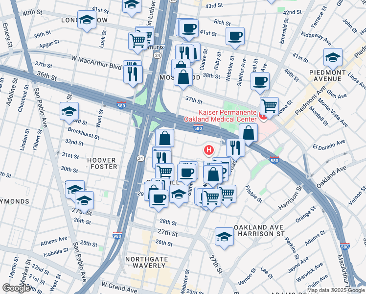 map of restaurants, bars, coffee shops, grocery stores, and more near 476 34th Street in Oakland