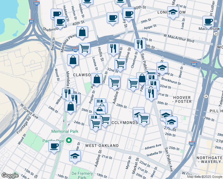 map of restaurants, bars, coffee shops, grocery stores, and more near 1212 30th Street in Oakland