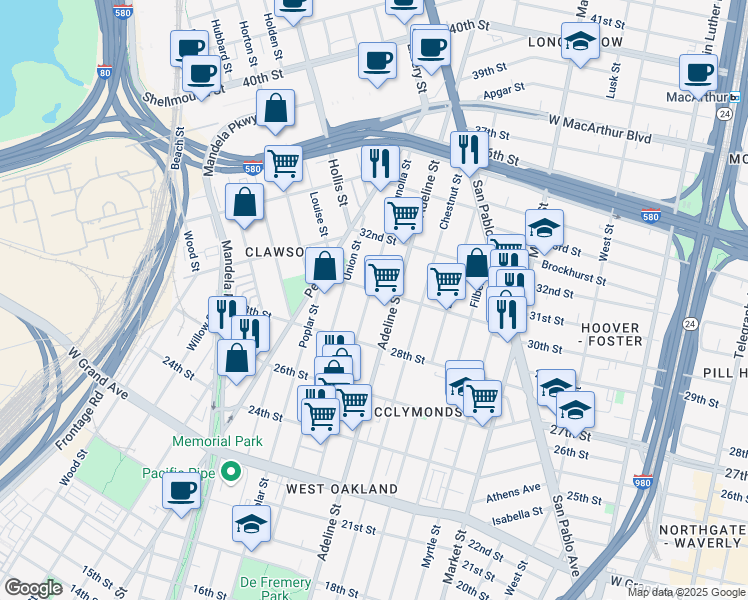 map of restaurants, bars, coffee shops, grocery stores, and more near 1212 30th Street in Oakland