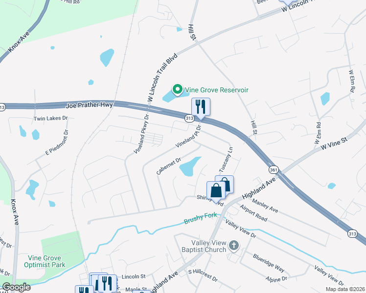 map of restaurants, bars, coffee shops, grocery stores, and more near 312 Vineland Place Drive in Vine Grove