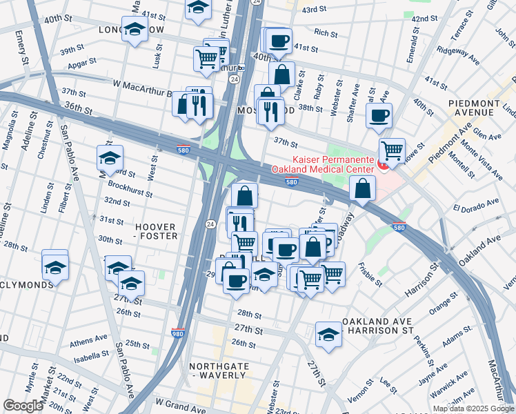 map of restaurants, bars, coffee shops, grocery stores, and more near 3343 Telegraph Avenue in Oakland